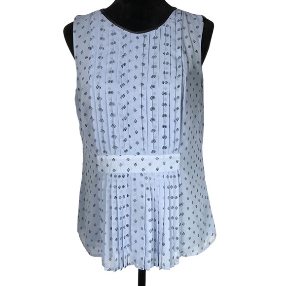 Elle Blue Pleated Sleeveless Top Tuxedo Faux Leather Neck Chiffon Print Shell - Picture 1 of 14
